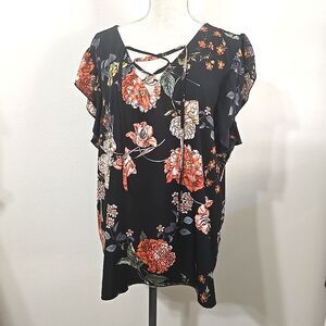 Jeuvre Black Floral Ruffle Cap Sleeve Blouse Top Plus Size 3XL Lace-Up Neckline